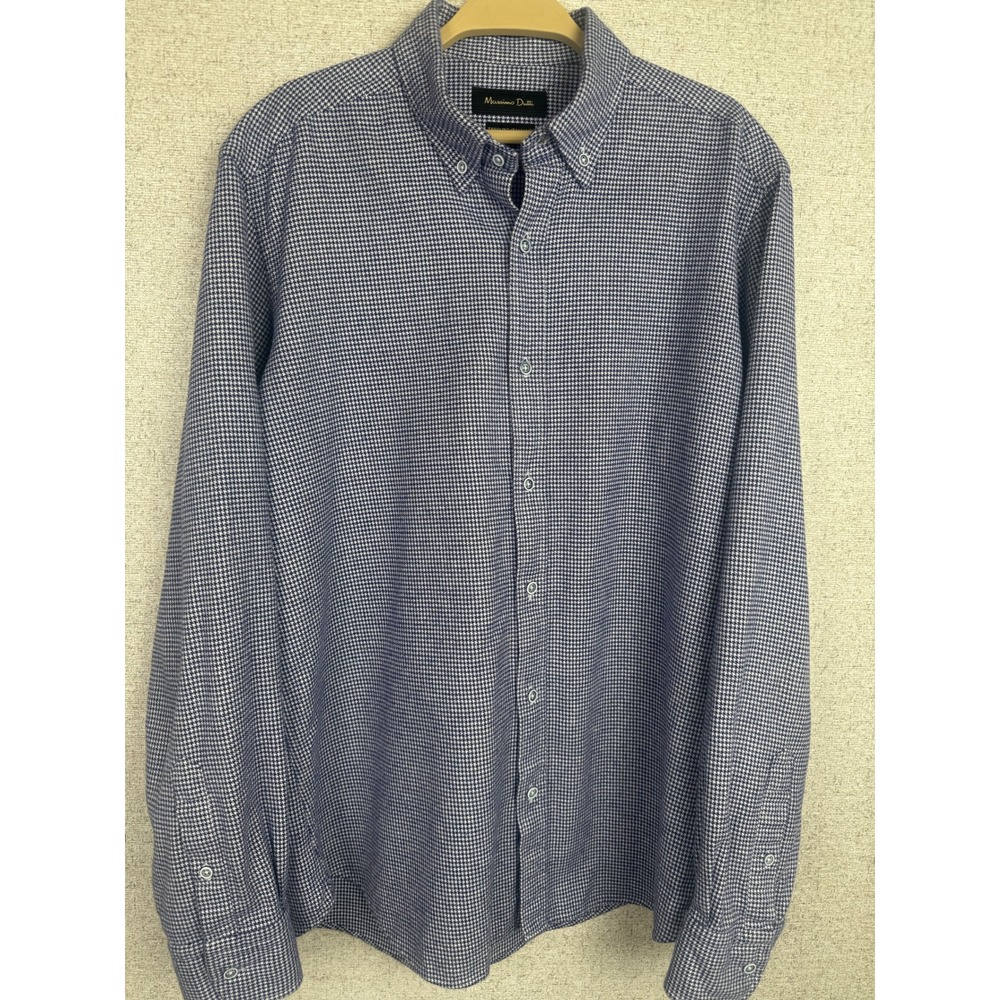 Massimo Dutti Navy Houndstooth Flannel Button Down Shirt Italian Fabric Men's M